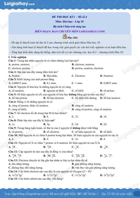 Đề thi học kì 1 Hóa 10 Chân trời sáng tạo - Đề số 4